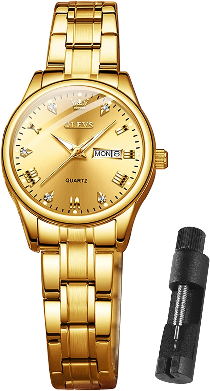 230816045711483_1 OLEVS Gold Watches for Women Luxury Wrist Watches Day and Date Waterproof Stainless Steel Quartz Analog Lightweight Ladies Watches Adjustable Bracelet Simple Dress Wristwatch Gold Black White Dial - Image 1